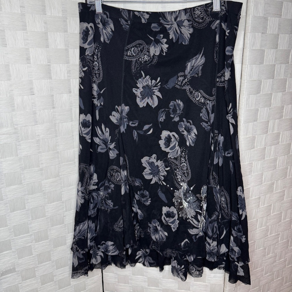 WhimsiGoth Black Floral Paisley Midi Skirt Sequin Large Y2K FairyCore